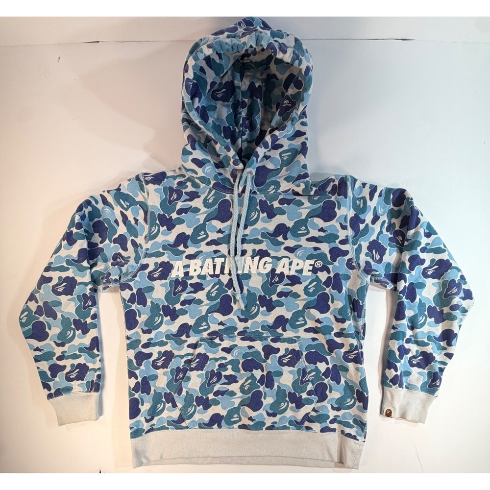 A Bathing Ape BAPE Blue Camo Pullover Hoodie Logo Print Mens Medium
